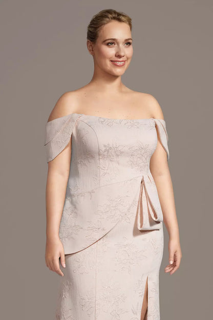 Blush Pink Off-Shoulder Evening Dress | Floor-Length Formal Gown with High Slit and Draping