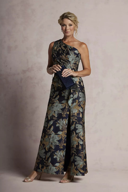 Black Floral One-Shoulder Evening Dress | Long Sleeve A-Line Floor-Length Formal Gown