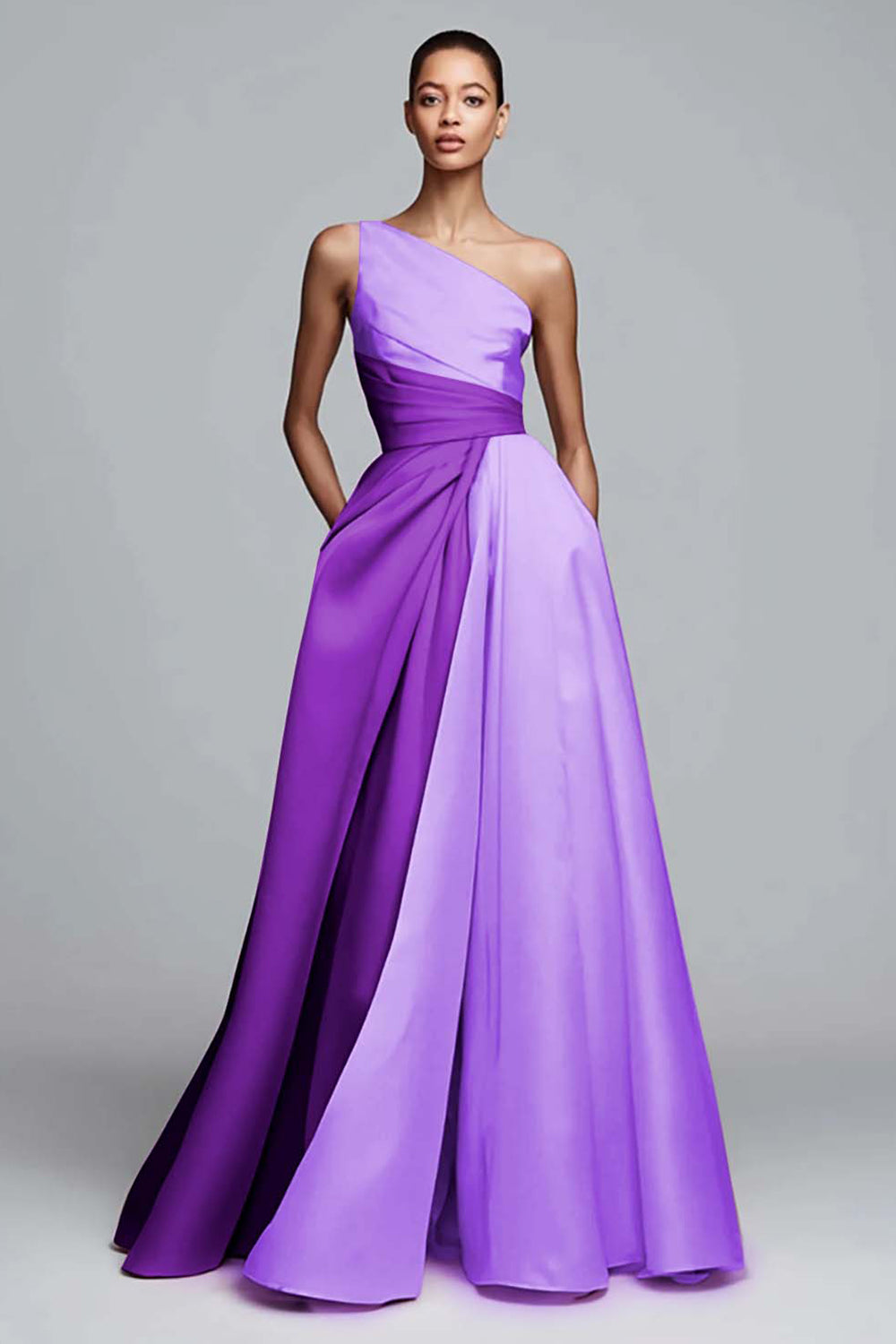Pink Colorblock A-Line One Shoulder Formal Dress