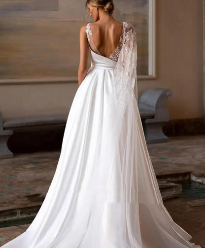 Vintage A-Line Backless Bridal Gown Elegant Satin Princess Bride Dresses