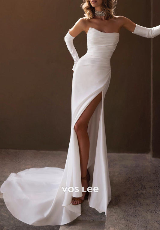 Long Sleeve Strapless Satin Pleated Mermaid Wedding Dresses with Sweep Train