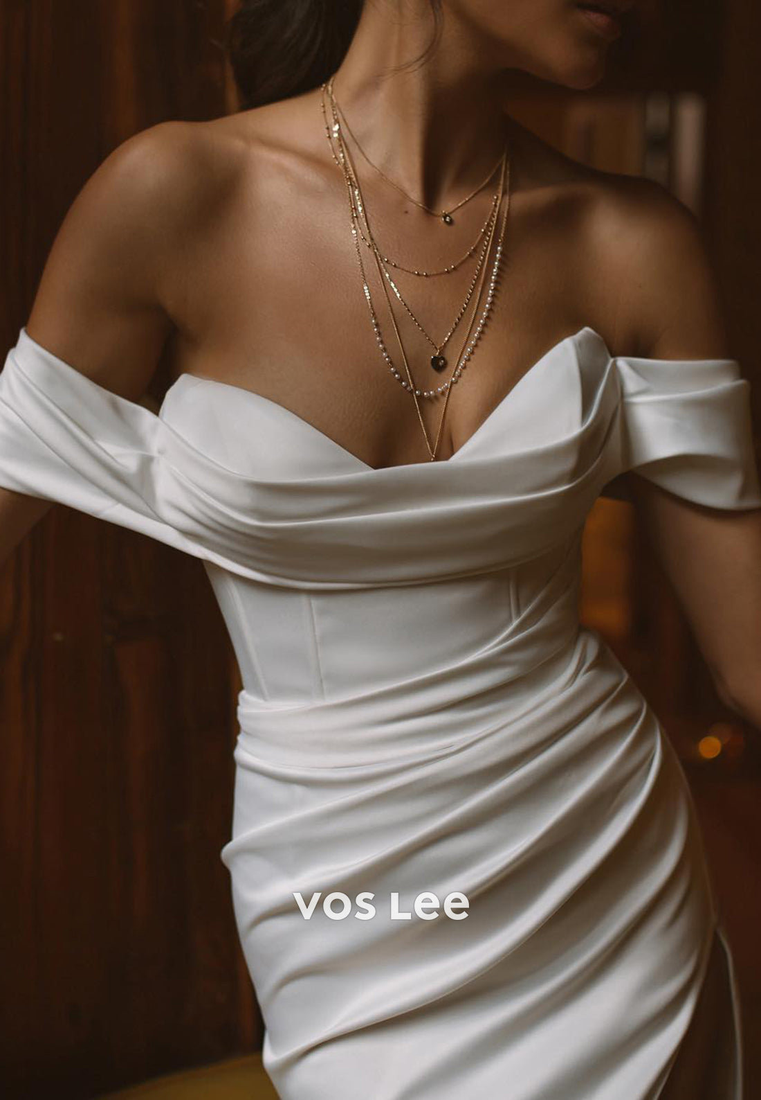 Off the Shoulder Sweetheart Pleated Split Mermaid Wedding Dresses with Court Train