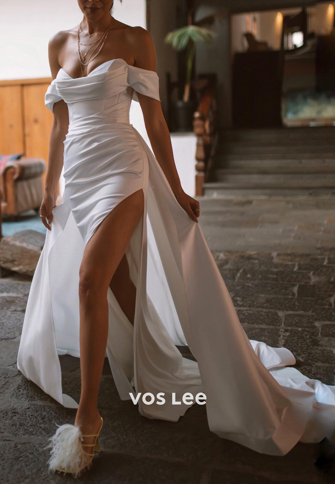 Off the Shoulder Sweetheart Pleated Split Mermaid Wedding Dresses with Court Train