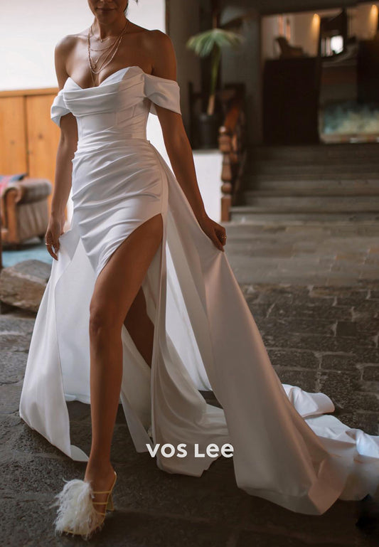 Off the Shoulder Sweetheart Pleated Split Mermaid Wedding Dresses with Court Train