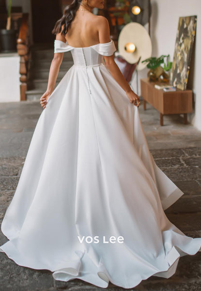Off the Shoulder Sweetheart Pleated Split Mermaid Wedding Dresses with Court Train
