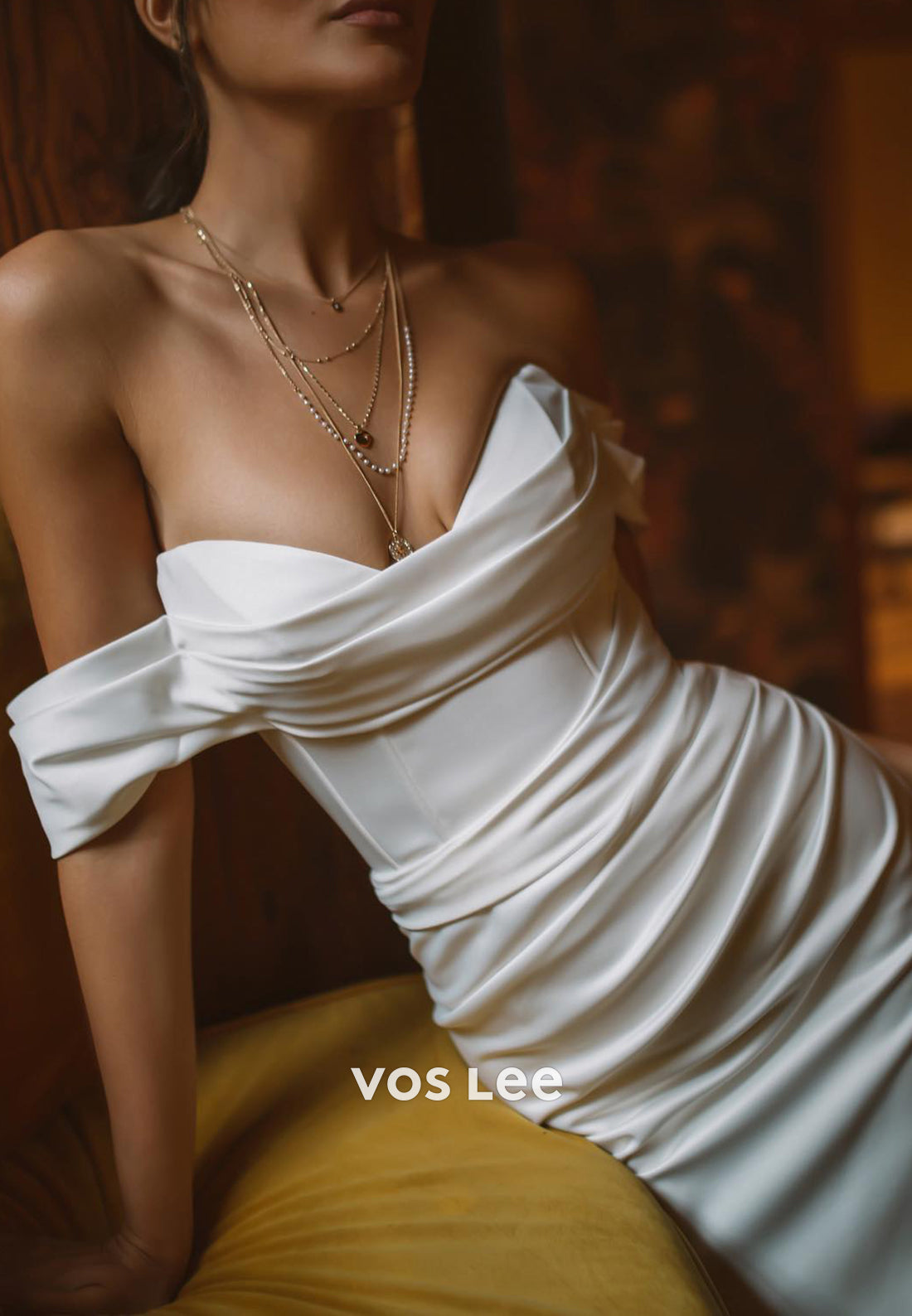 Off the Shoulder Sweetheart Pleated Split Mermaid Wedding Dresses with Court Train