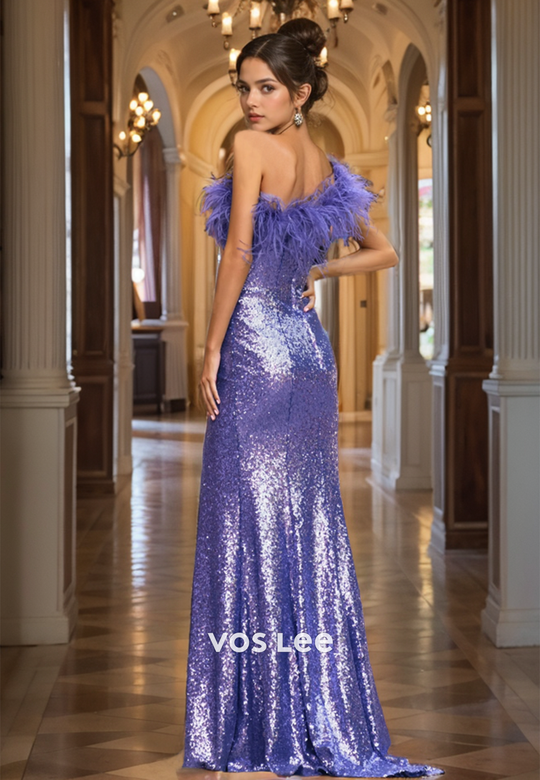 Graceful Mermaid Sequins Purple Prom Dress Strapless Feathers Floor Length Cocktail Party Gown