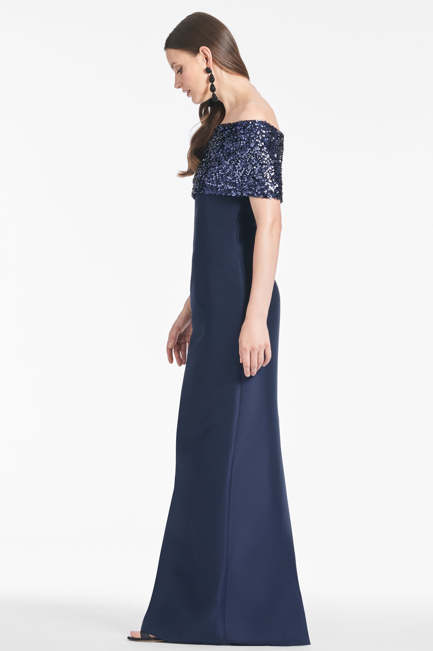 Navy Blue Sequin Off-the-Shoulder Maxi Dress