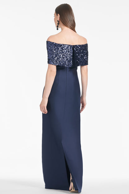 Navy Blue Sequin Off-the-Shoulder Maxi Dress