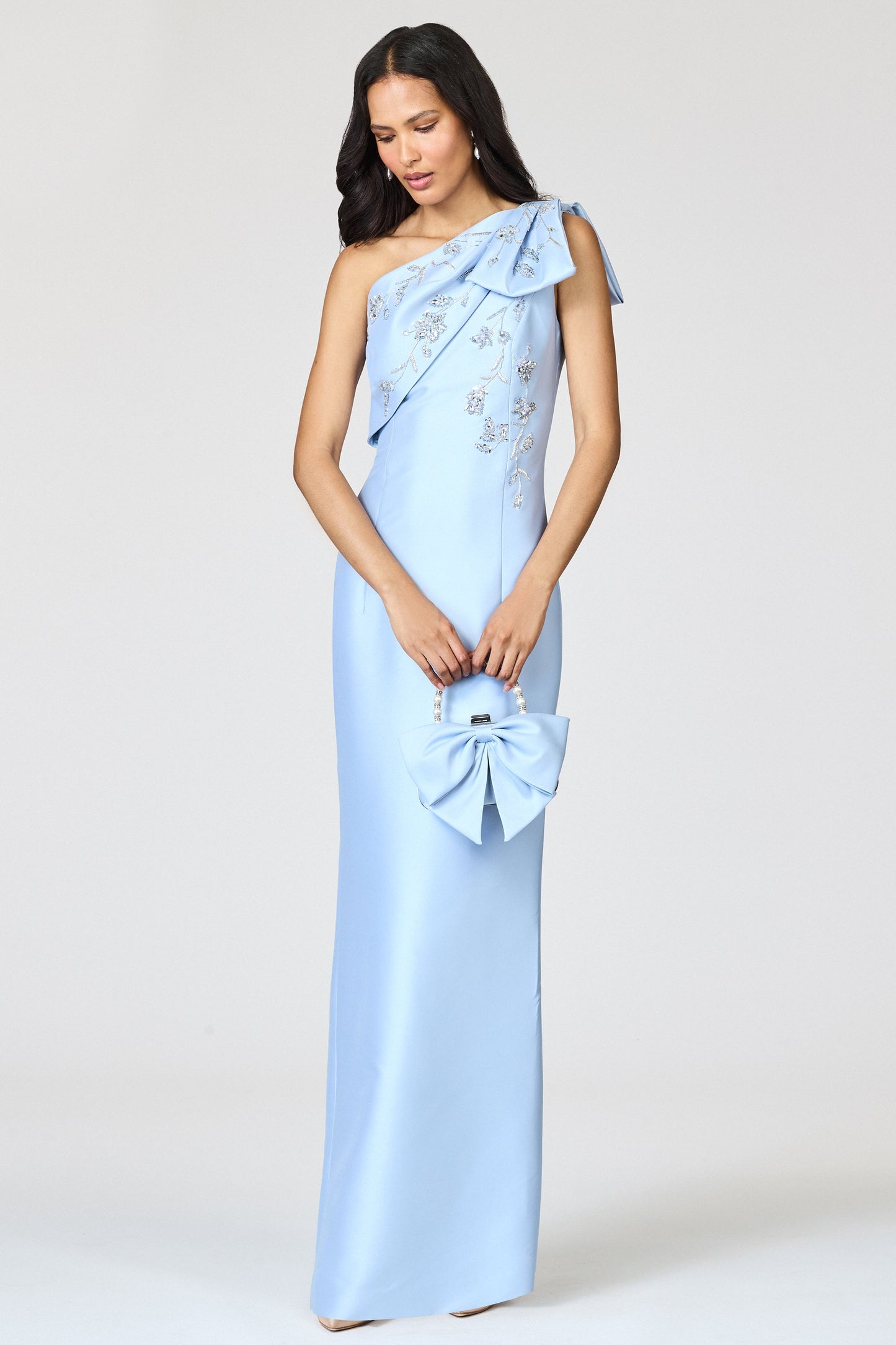 Light Blue One-Shoulder Satin Evening Gown with Beaded Floral Embroidery