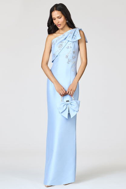 Light Blue One-Shoulder Satin Evening Gown with Beaded Floral Embroidery