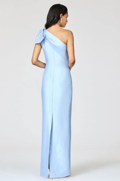Light Blue One-Shoulder Satin Evening Gown with Beaded Floral Embroidery