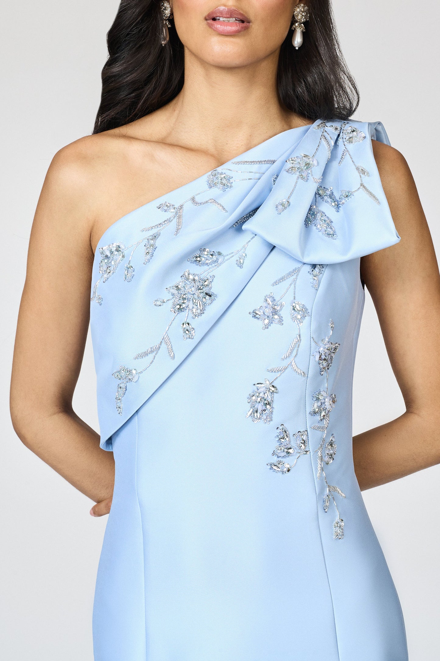 Light Blue One-Shoulder Satin Evening Gown with Beaded Floral Embroidery