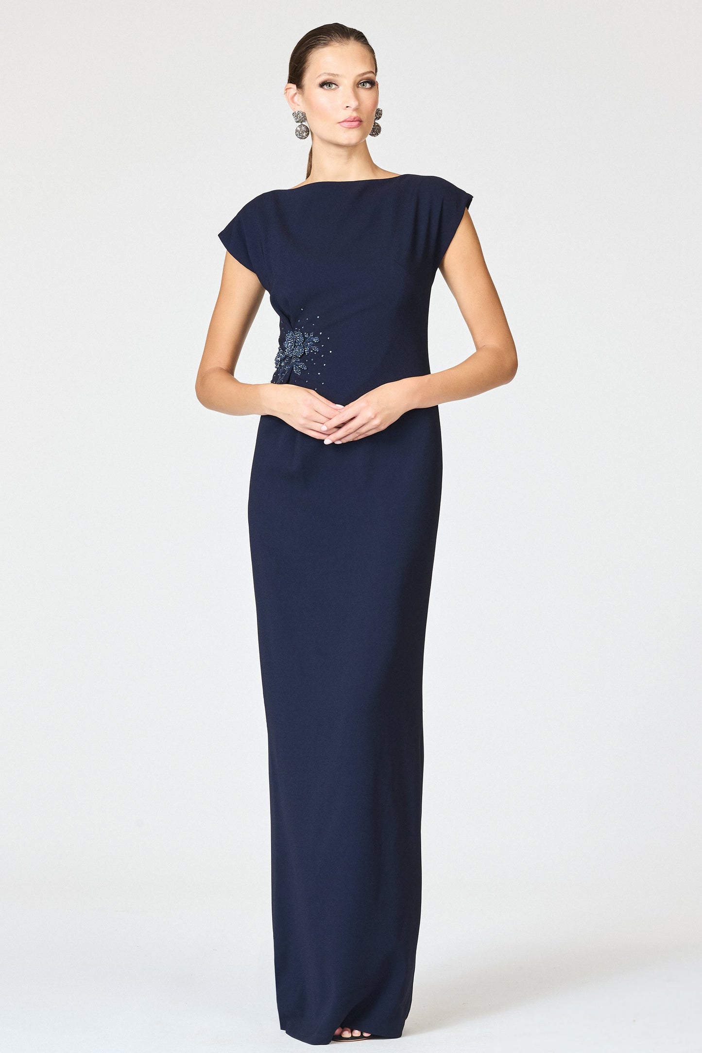 Elegant Dark Blue Formal Column Dress, Beaded Mother of the Bride Gown
