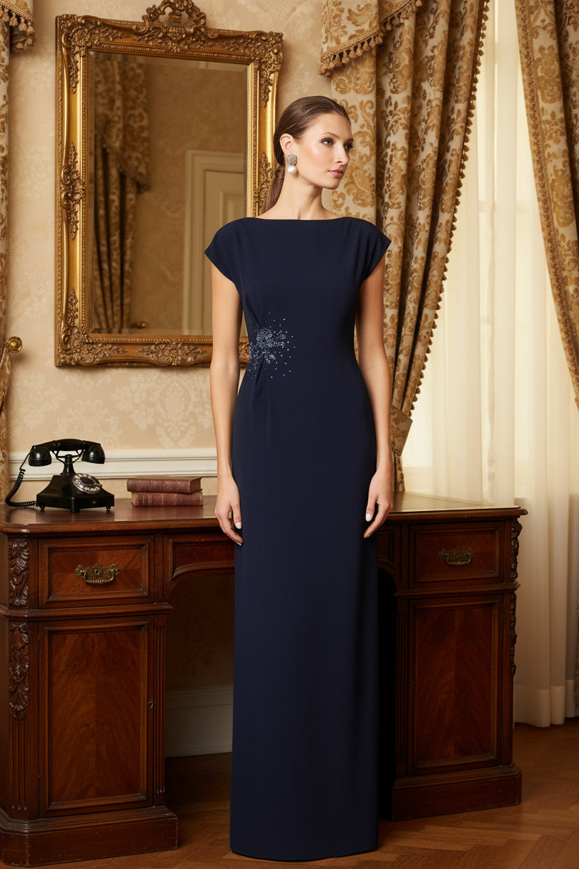 Elegant Dark Blue Formal Column Dress, Beaded Mother of the Bride Gown