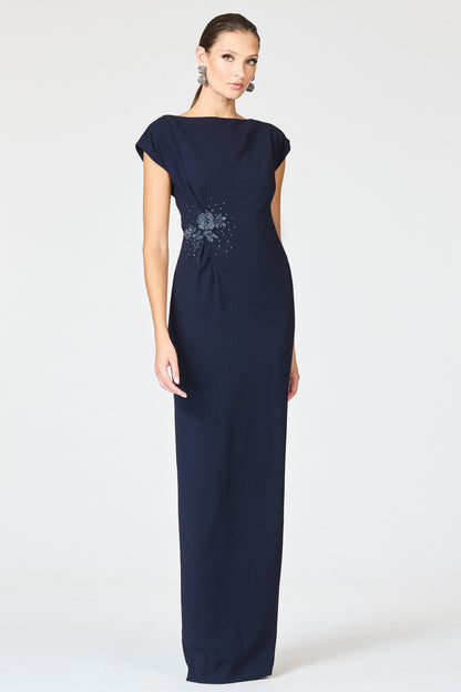 Elegant Dark Blue Formal Column Dress, Beaded Mother of the Bride Gown