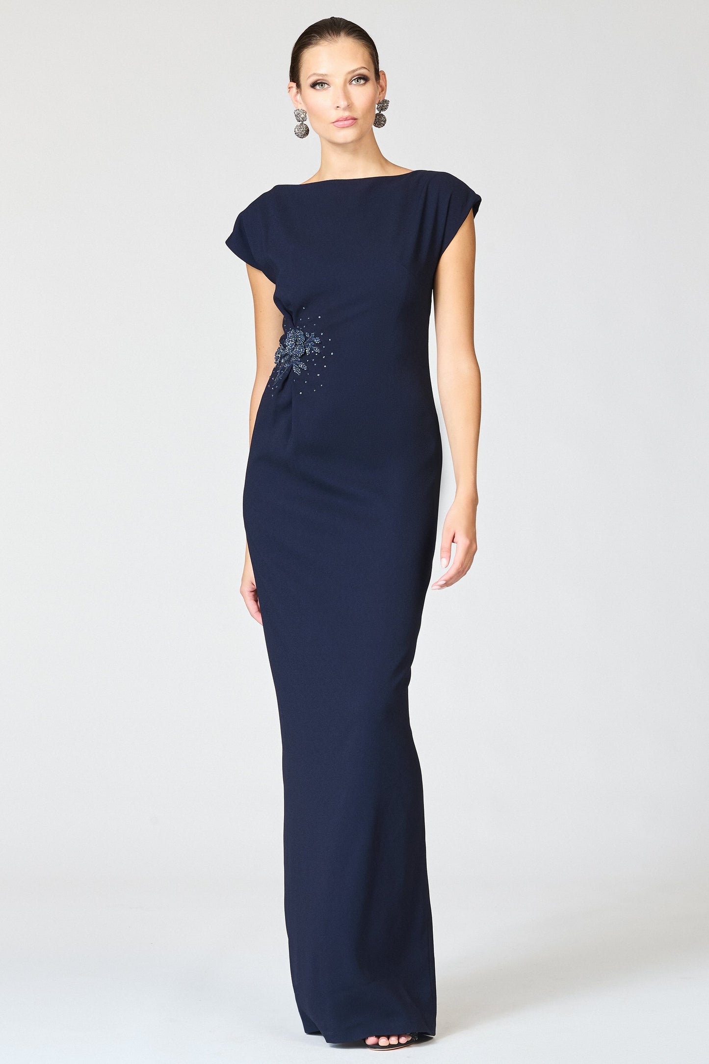Elegant Dark Blue Formal Column Dress, Beaded Mother of the Bride Gown