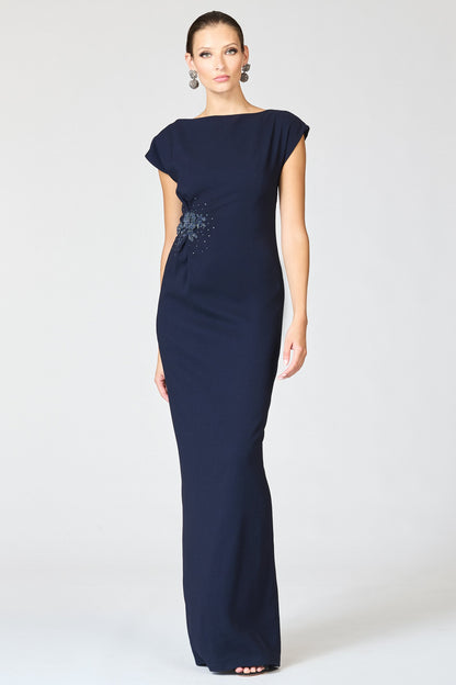 Elegant Dark Blue Formal Column Dress, Beaded Mother of the Bride Gown