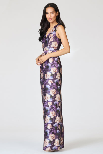 Purple Floral Print V-Neck Column Maxi Evening Gown
