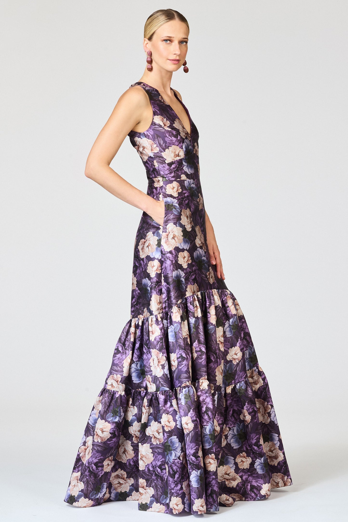 Purple Floral Print V-Neck Tiered Maxi Evening Gown