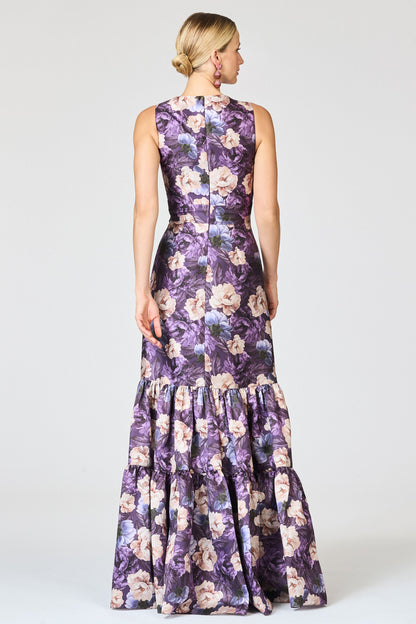 Purple Floral Print V-Neck Tiered Maxi Evening Gown