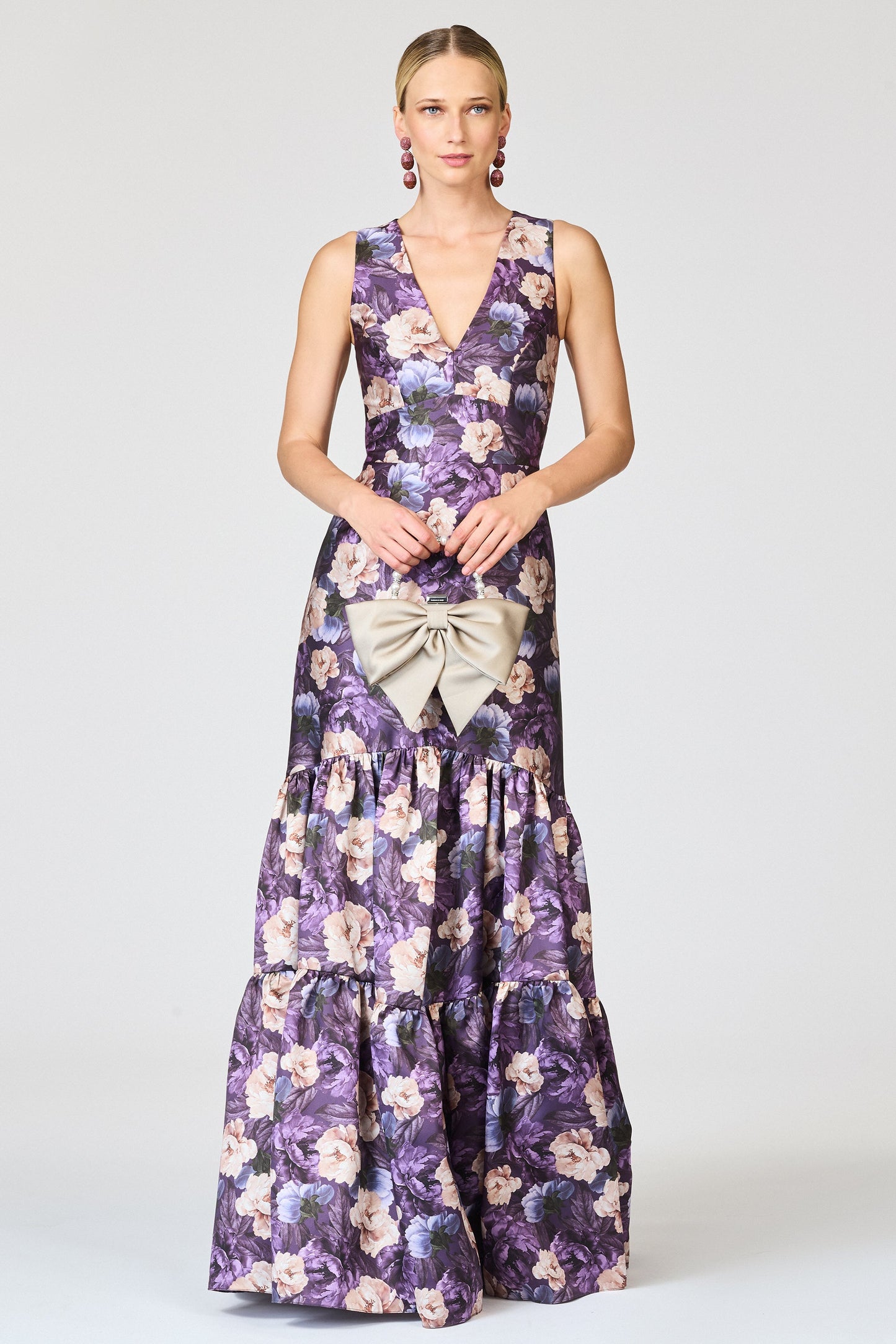 Purple Floral Print V-Neck Tiered Maxi Evening Gown