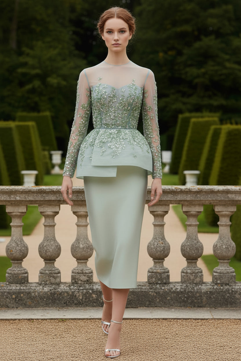 Fully Beaded Tea-Length Tubino With Illusion Neckline And Peplum.