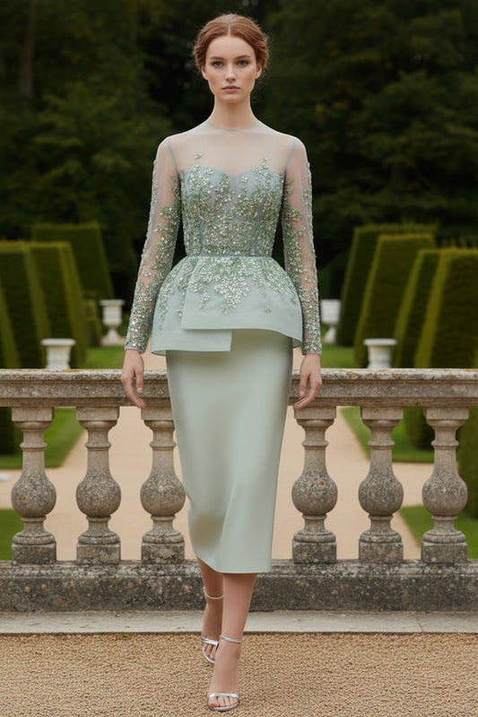 Fully Beaded Tea-Length Tubino With Illusion Neckline And Peplum.