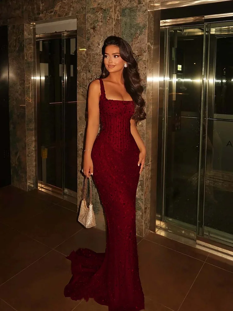 Lavish Mermaid Square Sleeveless Beaded Mermaid Prom Dress Formal Evening Gowns