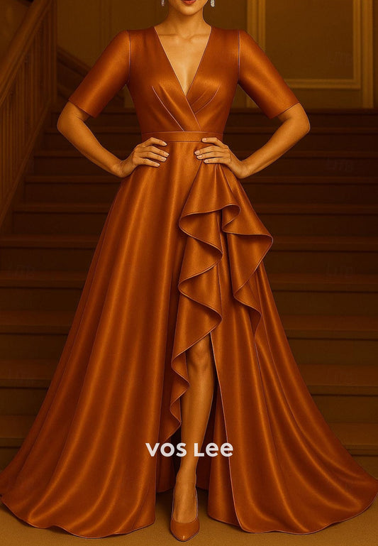 A-Line V Neck Short Sleeve High Split Evening Dresses with Sweep Train
