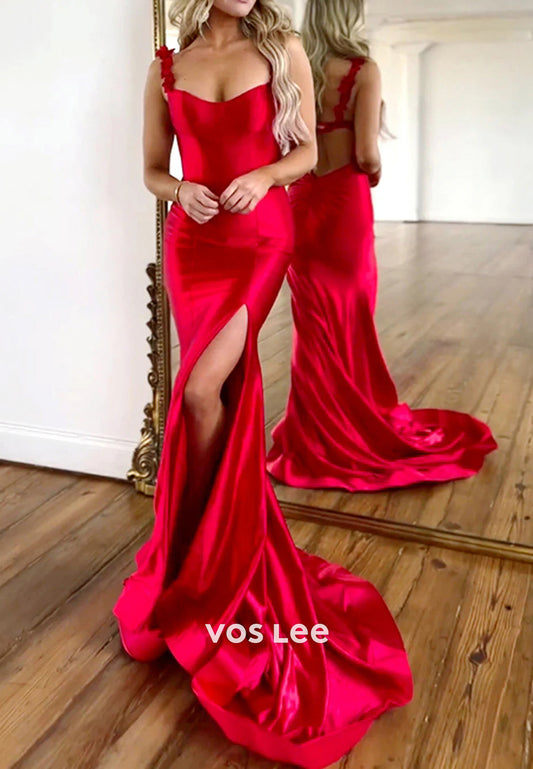 Elegant & Luxurious Spaghetti Straps Split Pleated Mermaid Prom Dresses with Court Train