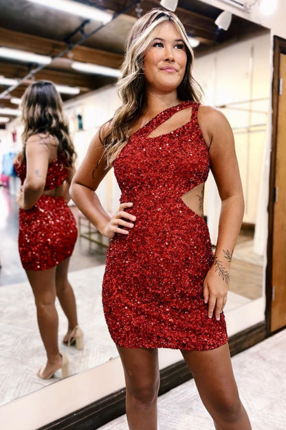Red Sequin One Shoulder Cutout Waist Short Tight Homecoming Dress