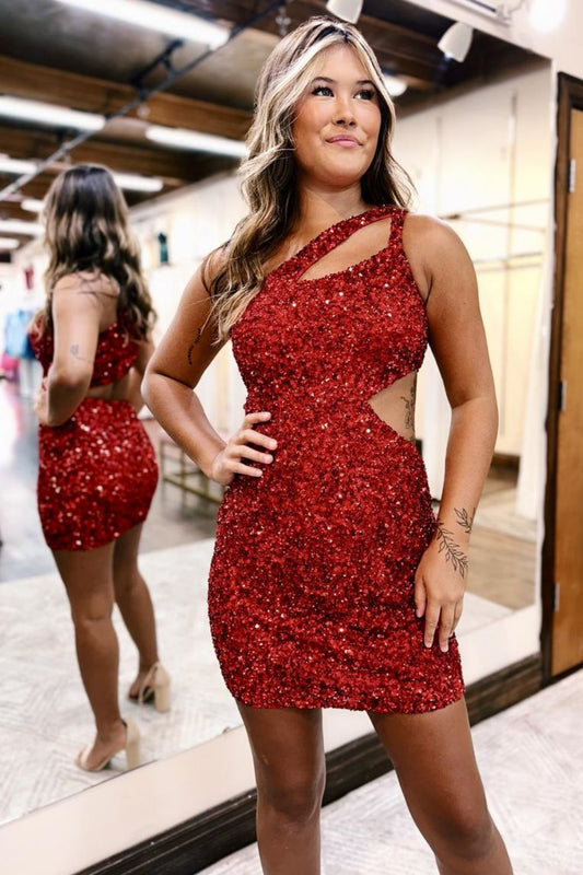 Red Sequin One Shoulder Cutout Waist Short Tight Homecoming Dress