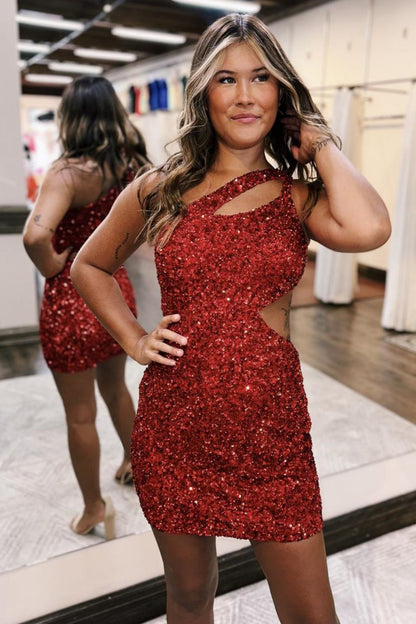 Red Sequin One Shoulder Cutout Waist Short Tight Homecoming Dress