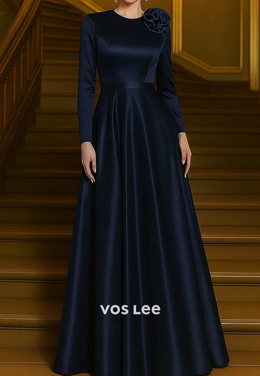 Red A-Line Evening Gown Elegant Formal Dress Long Sleeve with Shouder Flower