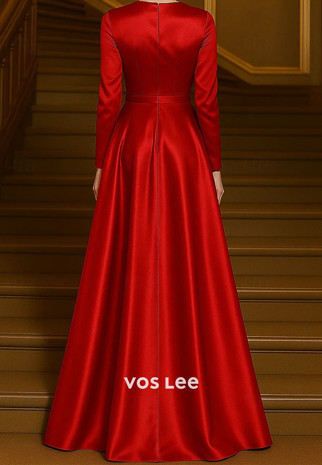 Red A-Line Evening Gown Elegant Formal Dress Long Sleeve with Shouder Flower
