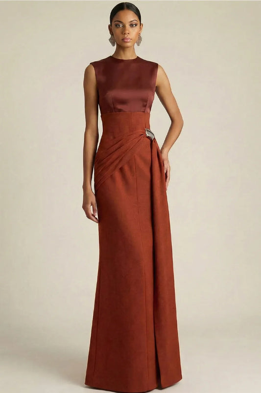 Terracotta Satin Dress | High Neck Formal Gown with Side Pockets