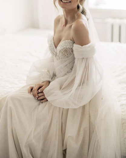 Tulle Boho Country Wedding Dress With Sleeves
