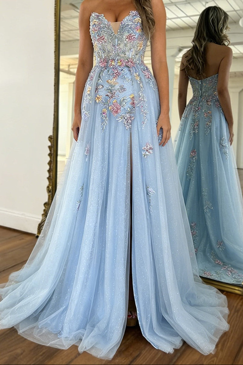 Romantic Light Blue Strapless Floral Appliqué Tulle Prom Dress with Flowing Train