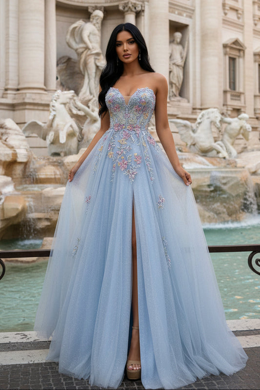 Romantic Light Blue Strapless Floral Appliqué Tulle Prom Dress with Flowing Train