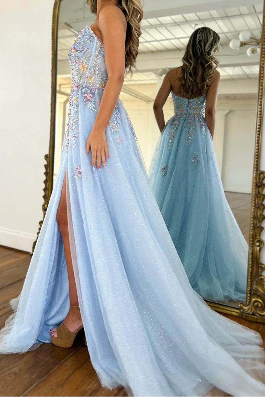 Romantic Light Blue Strapless Floral Appliqué Tulle Prom Dress with Flowing Train