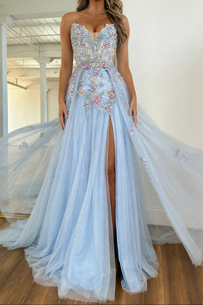 Romantic Light Blue Strapless Floral Appliqué Tulle Prom Dress with Flowing Train