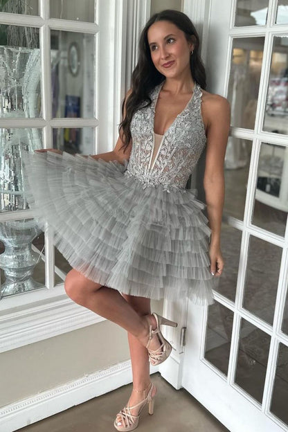 Royal Blue A-Line Halter Short Tulle Homecoming Dress With Appliques