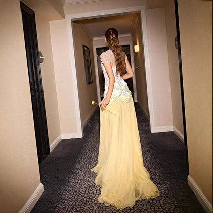 Luxury Yellow Pearls A-Line Evening Dress with Flowing Coat