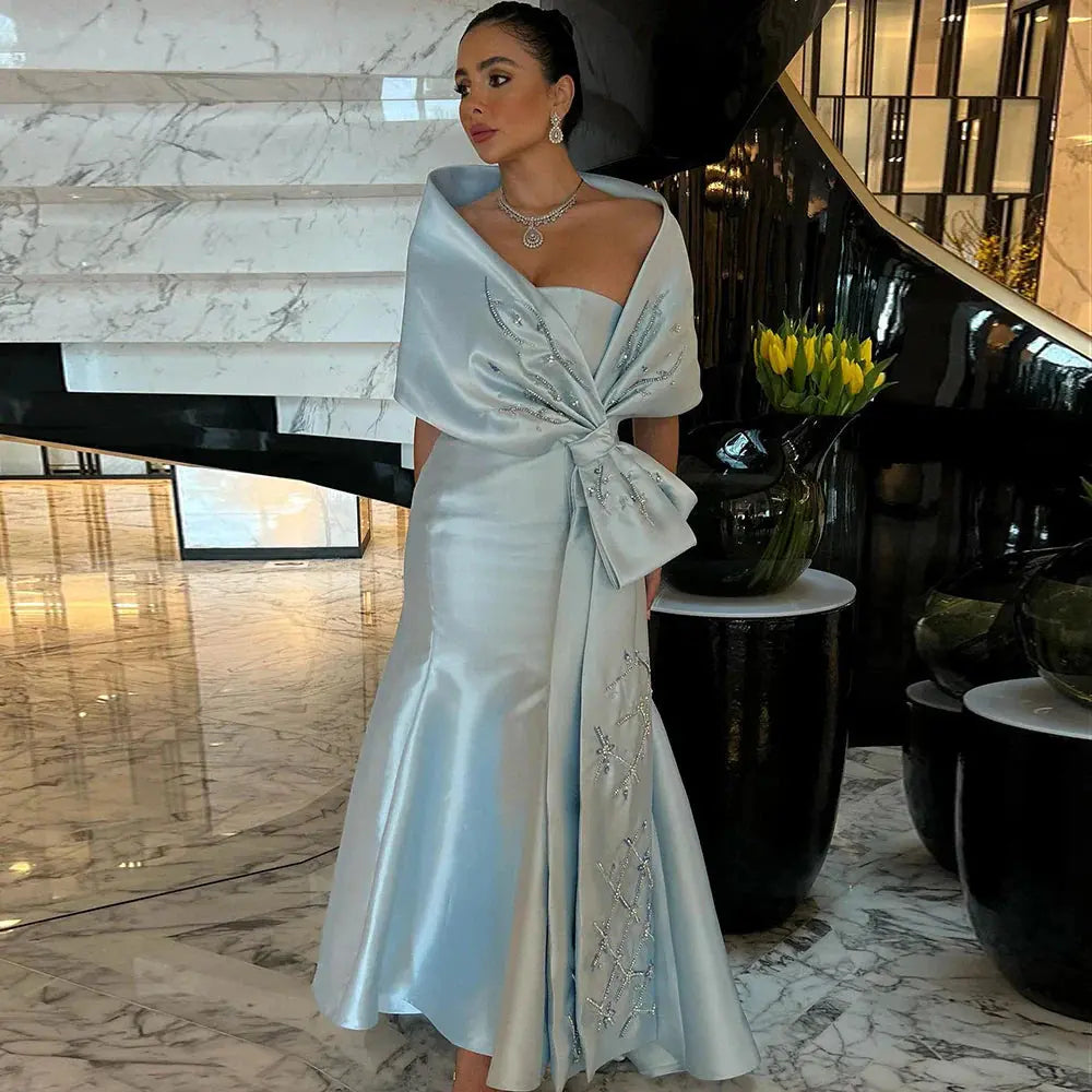 Luxury Blue Mermaid Evening Dress with Beaded Cape Shawl