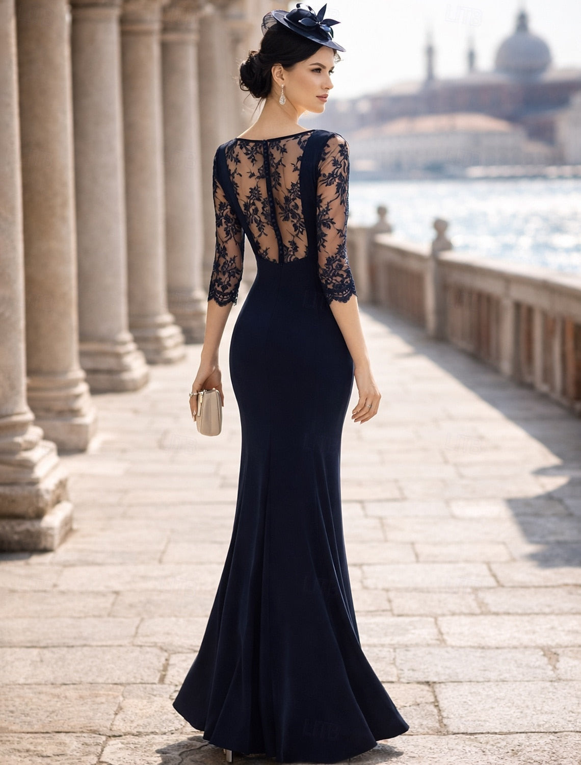 3_4 Length Sleeve Sheath Column Floor Length Wedding Guest Dress