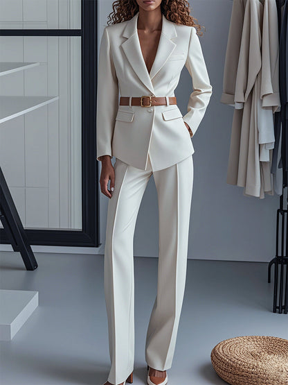 White Belted Blazer and Trousers Ensemble