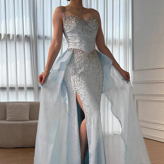 Luxury Blue Crystal Beaded Mermaid Evening Dress with Overskirt
