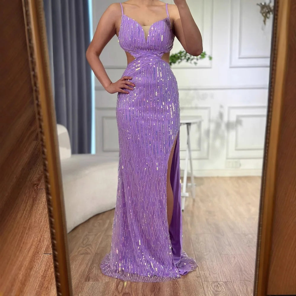 Luxury Purple Sequin Prom Dress with Slit and Cutout Waist