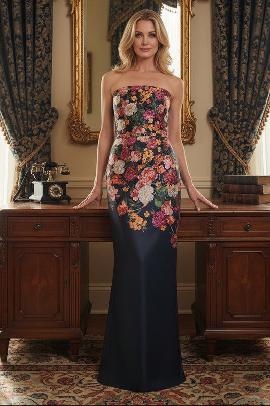 Floral Print Strapless Column Evening Gown with Contrast Solid Skirt